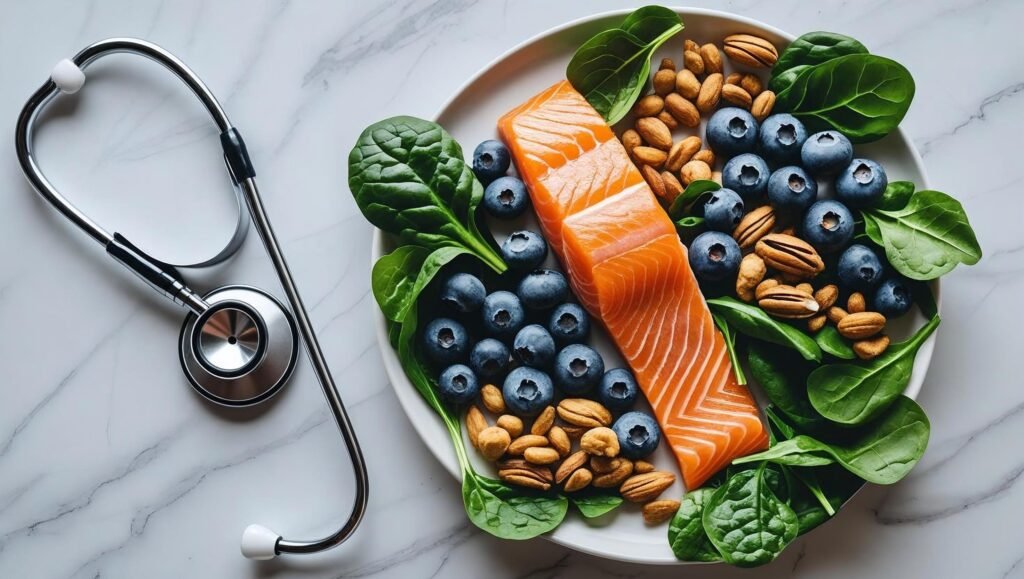 Eat to Beat Disease concept with healthy foods and stethoscope