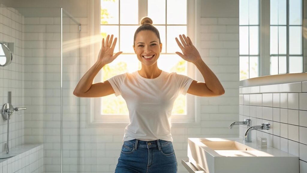 Woman doing morning mirror ritual from The High 5 Habit by Mel Robbins