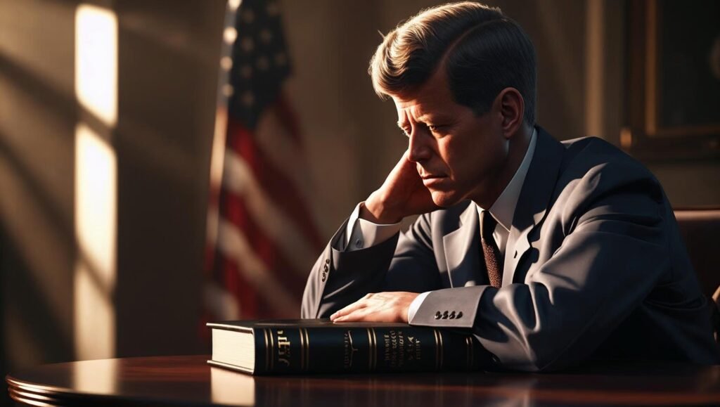 JFK by J Randy Taraborrelli illustrated with deep contemplation and American symbolism