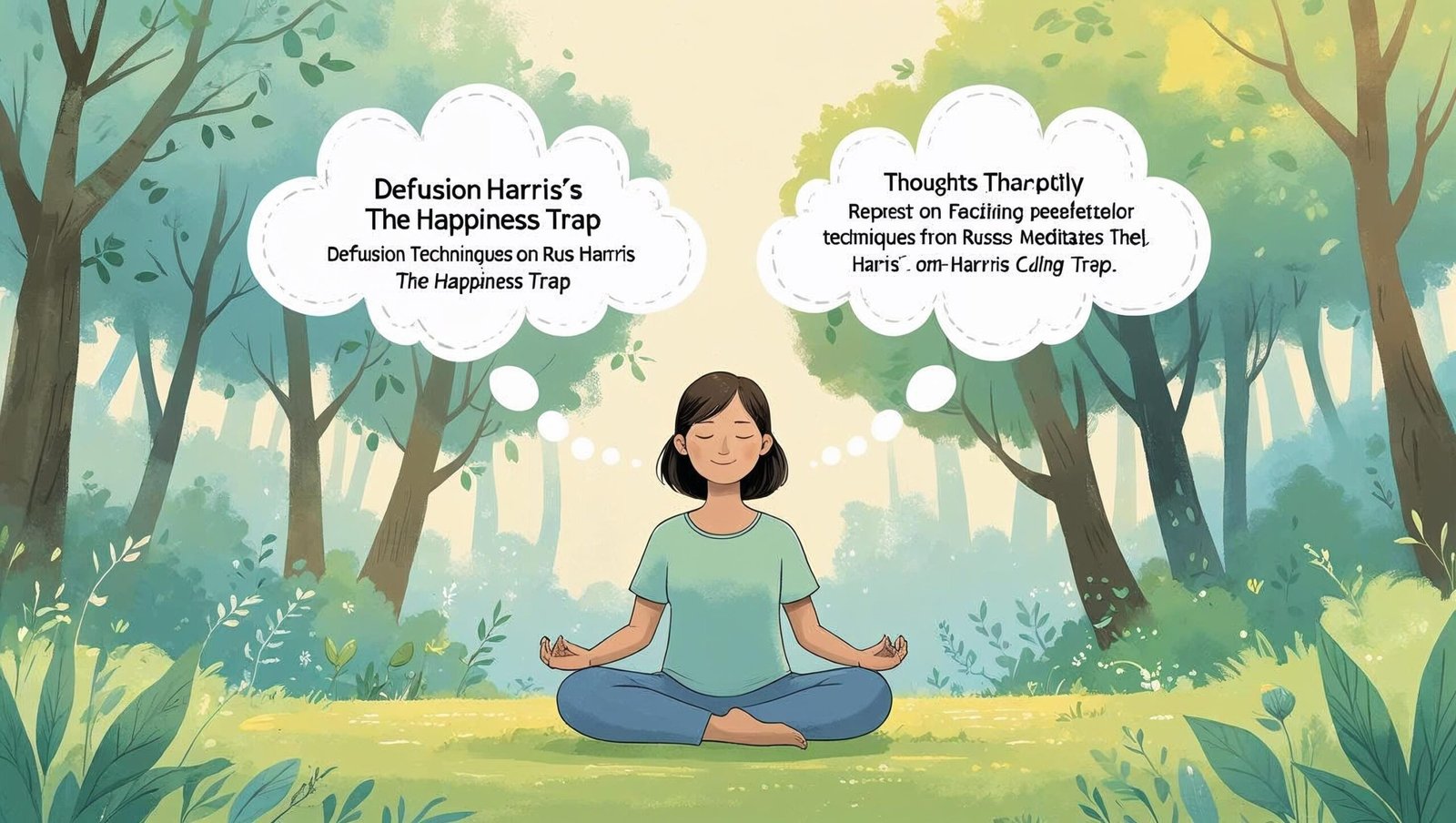 The Happiness Trap by Russ Harris defusion technique visualized with floating thoughts