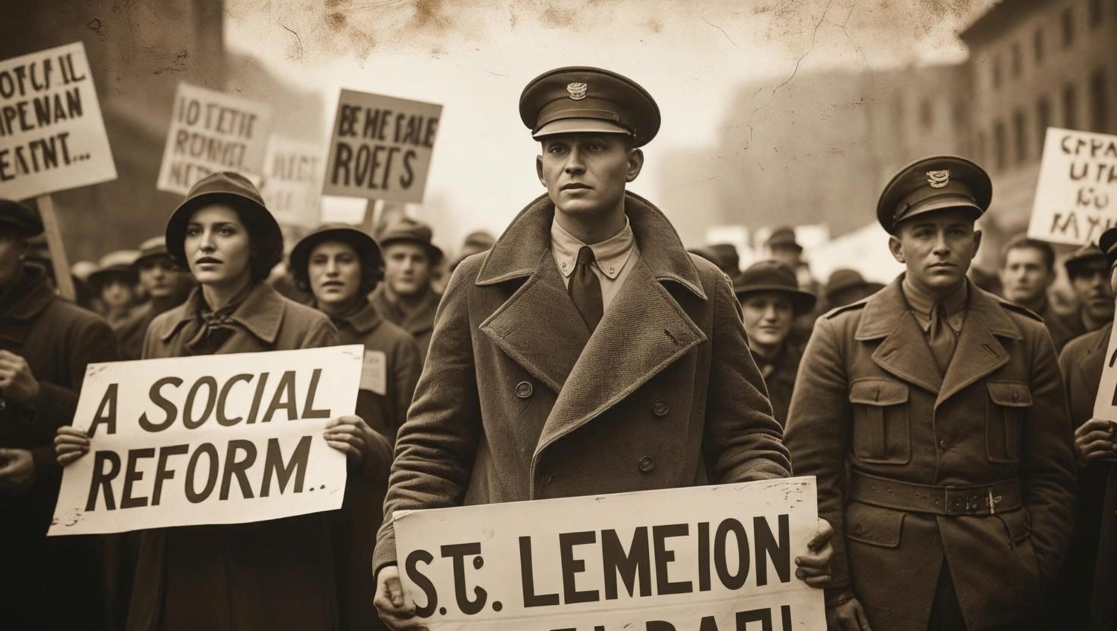 Butler by Salena Zito image of 1930s protest rally with observing military figure