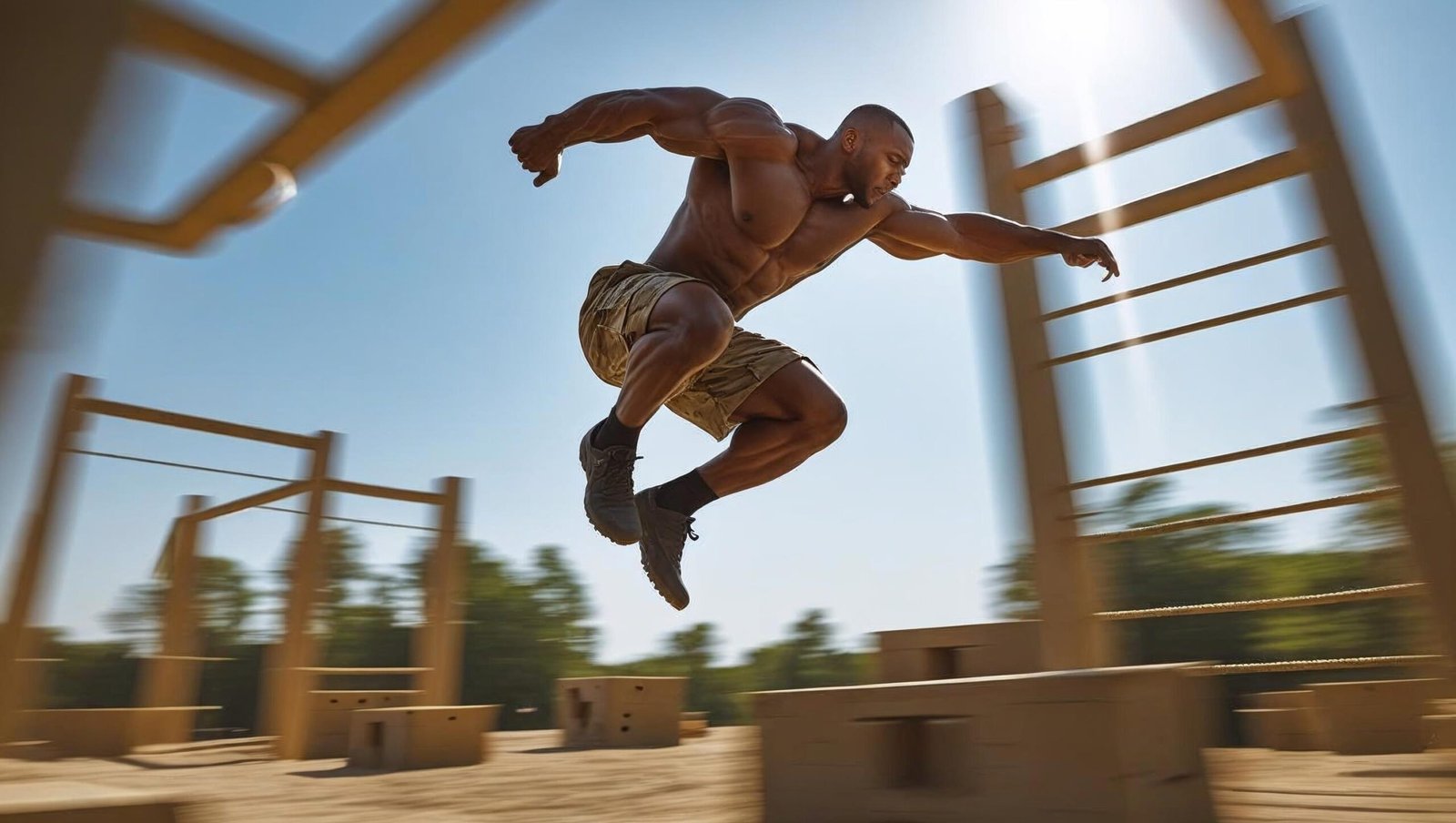 A person courageously jumping off a high obstacle in a training camp, midair; fearlessness and risk-taking visualized with dynamic motion blur.