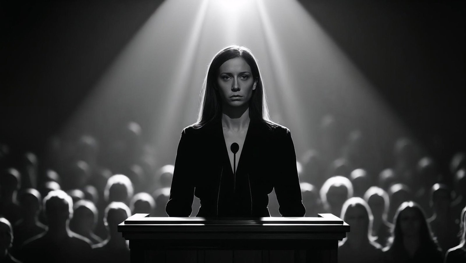 Oath and Honor woman silhouette at podium embodying courage and truth
