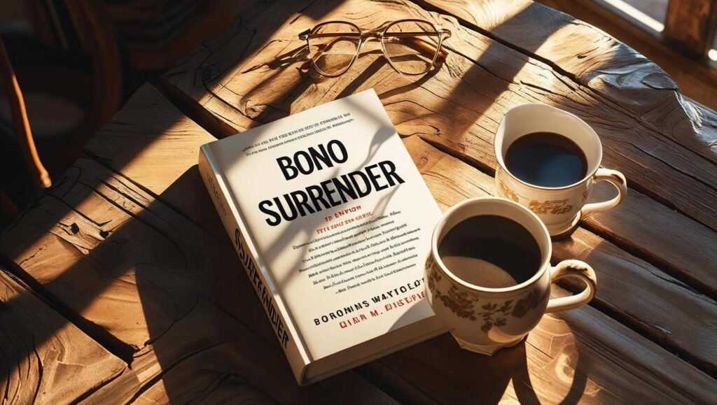 surrender book review featured image showing the book cover with coffee and glasses on a wooden table
