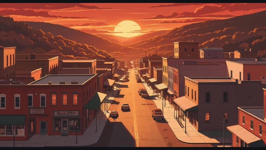 Hillbilly Elegy Reviews emotional Appalachian town illustration at sunset