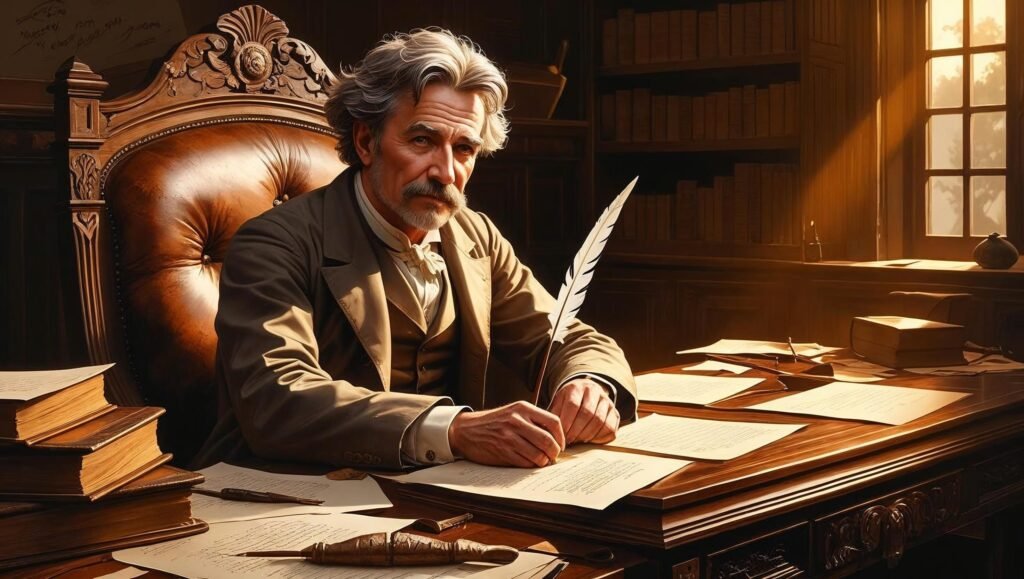 Mark Twain Ron Chernow book summary featured image of Twain writing at a vintage desk