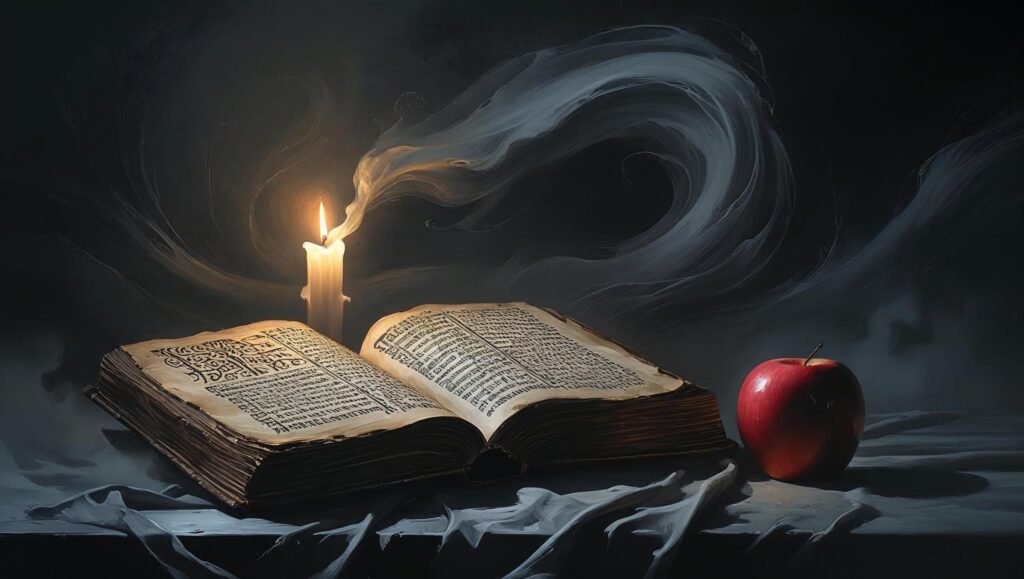 Original Sin book review featured image showing an open book, bitten apple, candlelight, and mist