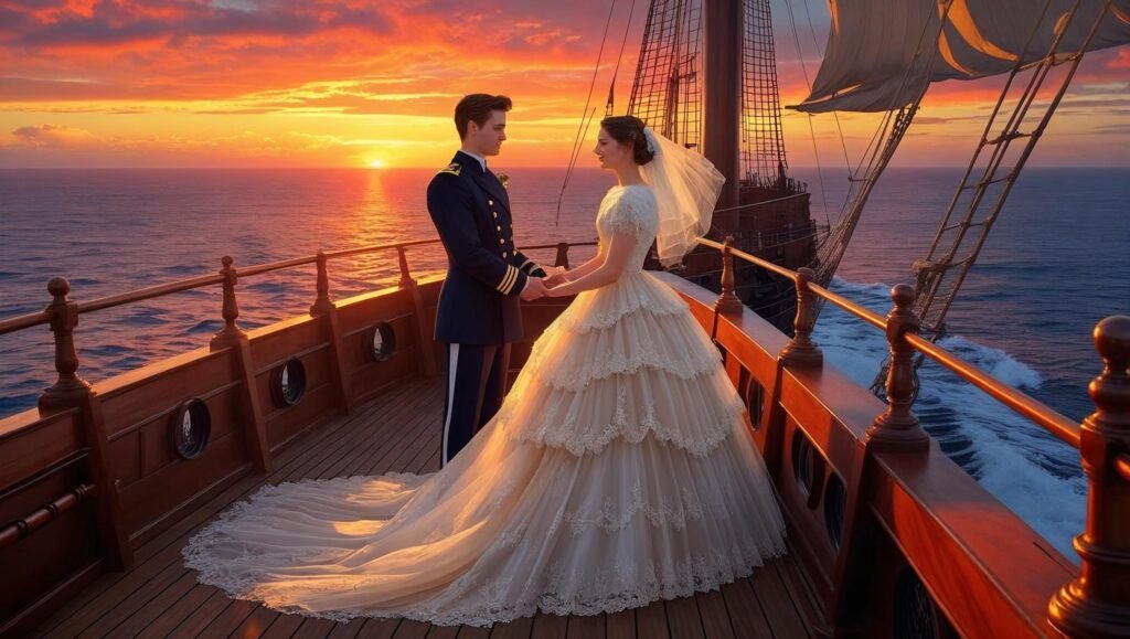 A Marriage at Sea romantic vintage nautical wedding scene on a 19th-century ship at sunset