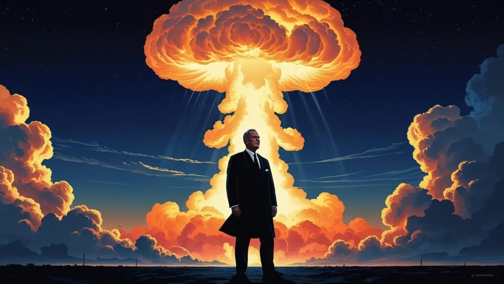 American Prometheus Summary featured image of Oppenheimer with atomic explosion in background