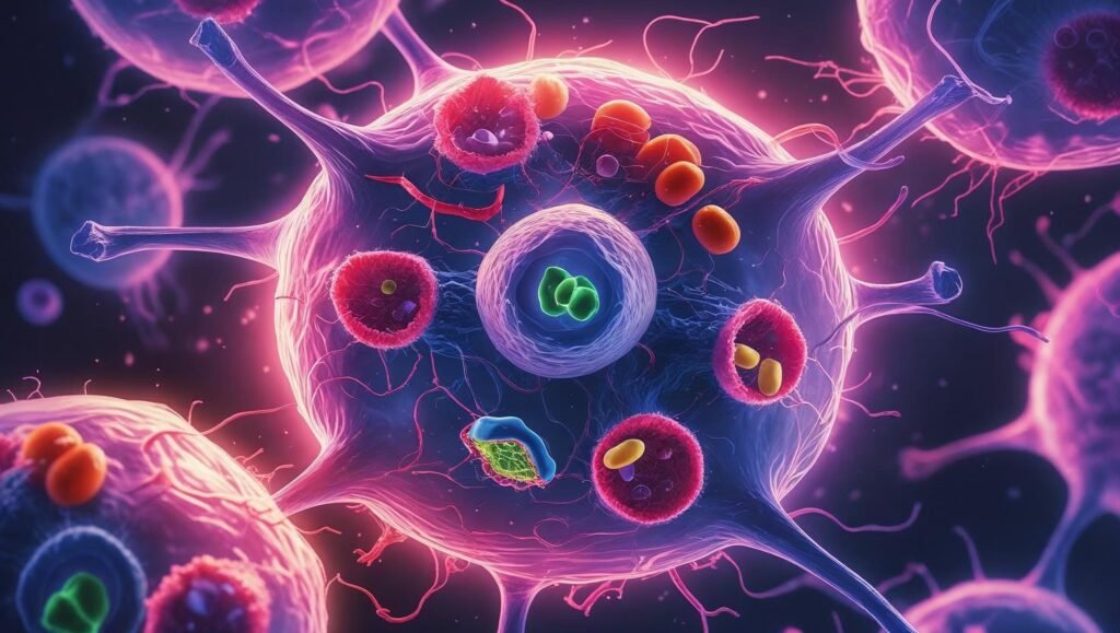 The Song of the Cell detailed illustration showing a vibrant human cell with glowing organelles