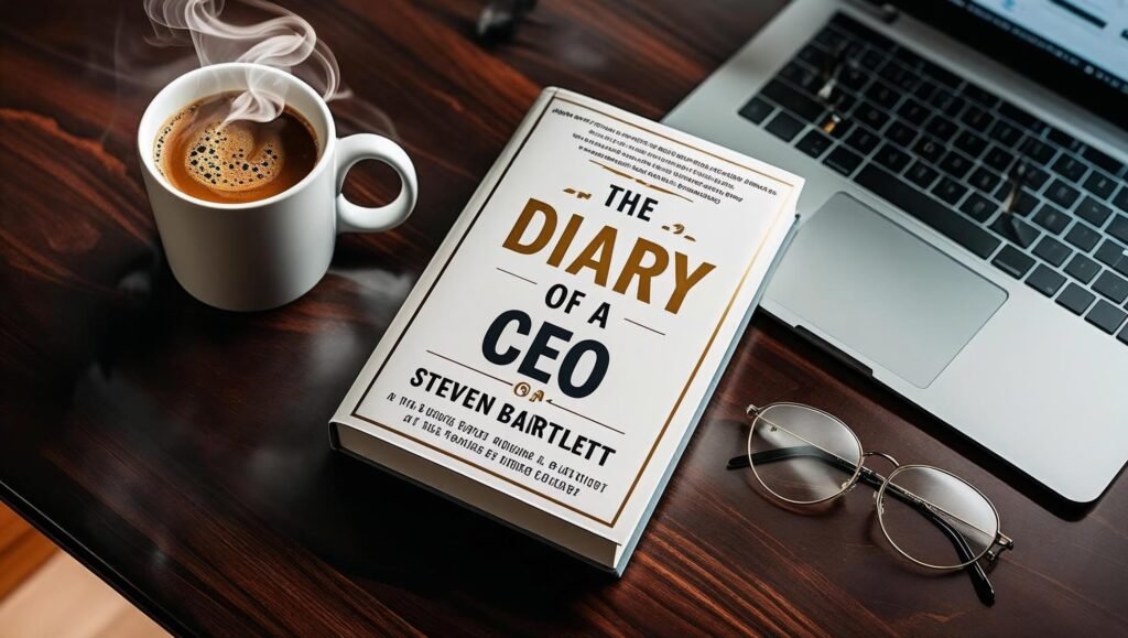 The Diary of a CEO Book featured flat lay with coffee and laptop
