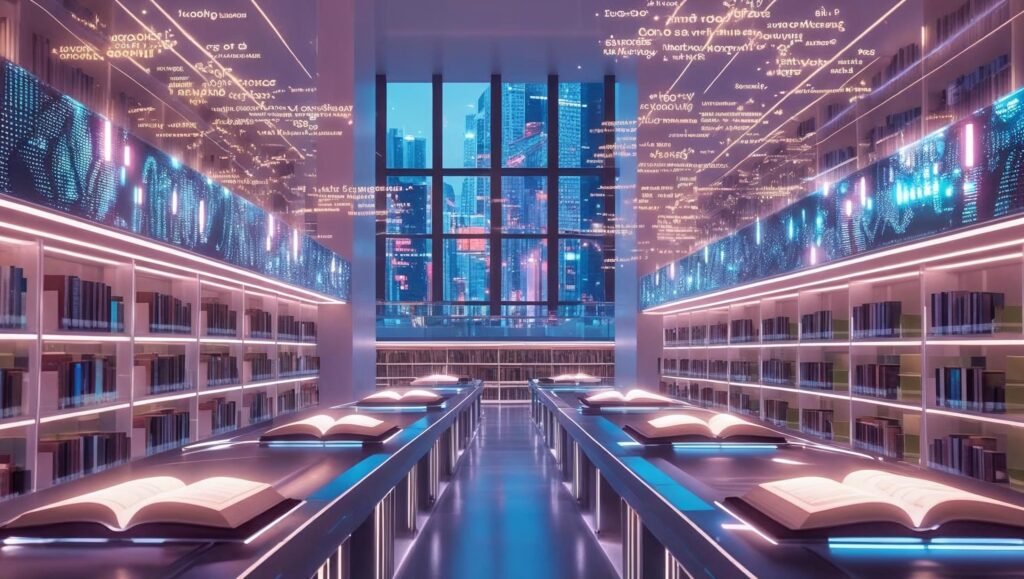 Brave New Words featured image futuristic library with glowing books