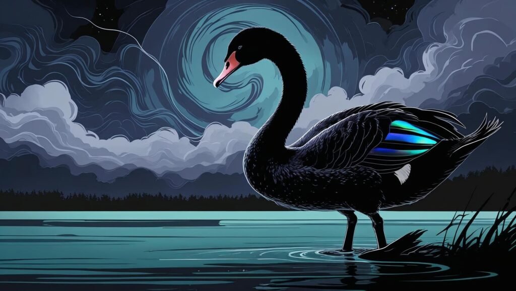 The Black Swan Summary featured image showing a symbolic black swan with stormy skies and risk concept