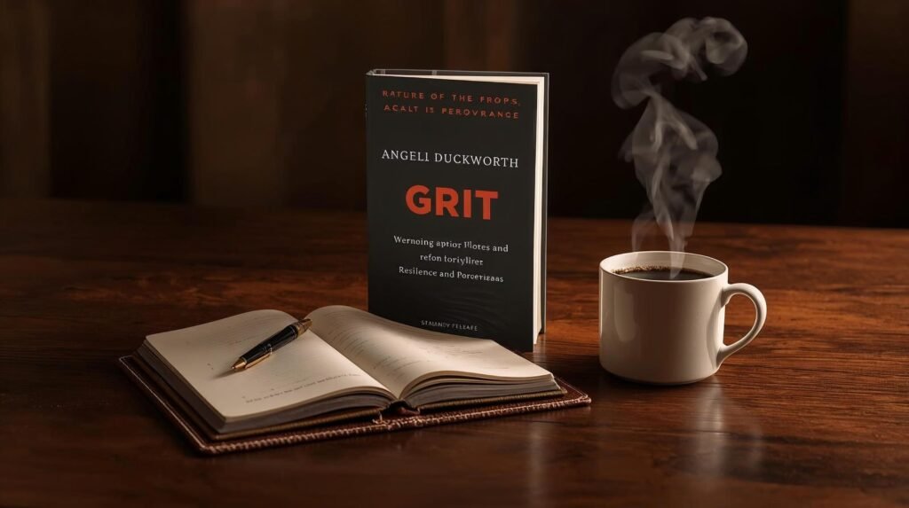 Grit Summary featured book image on desk with journal and coffee