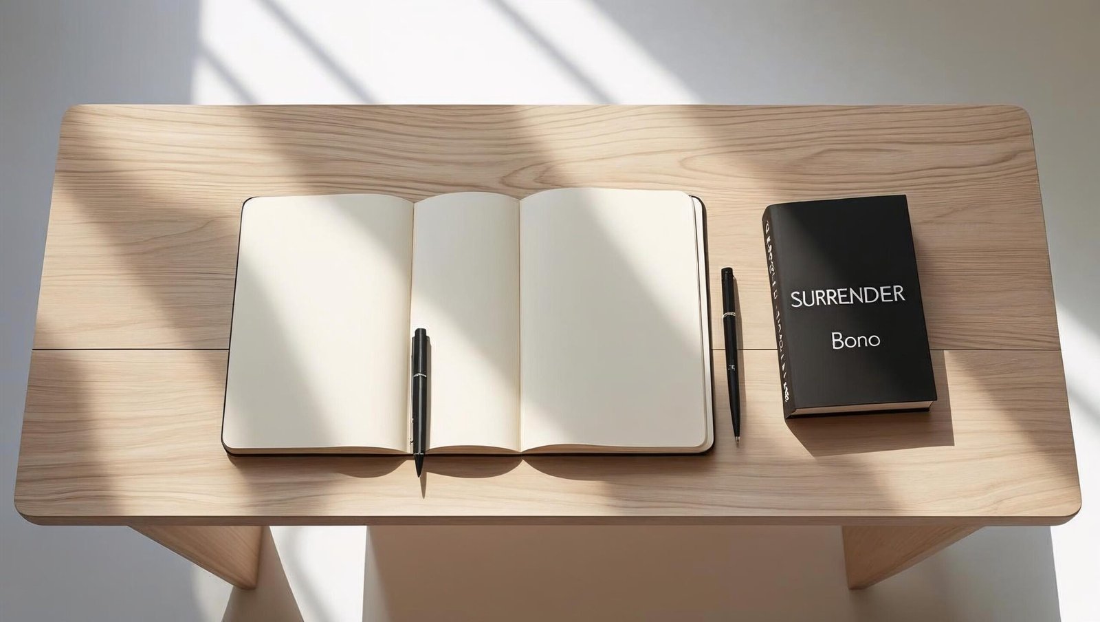  surrender book review top view of book on minimalist desk with notebook and pen