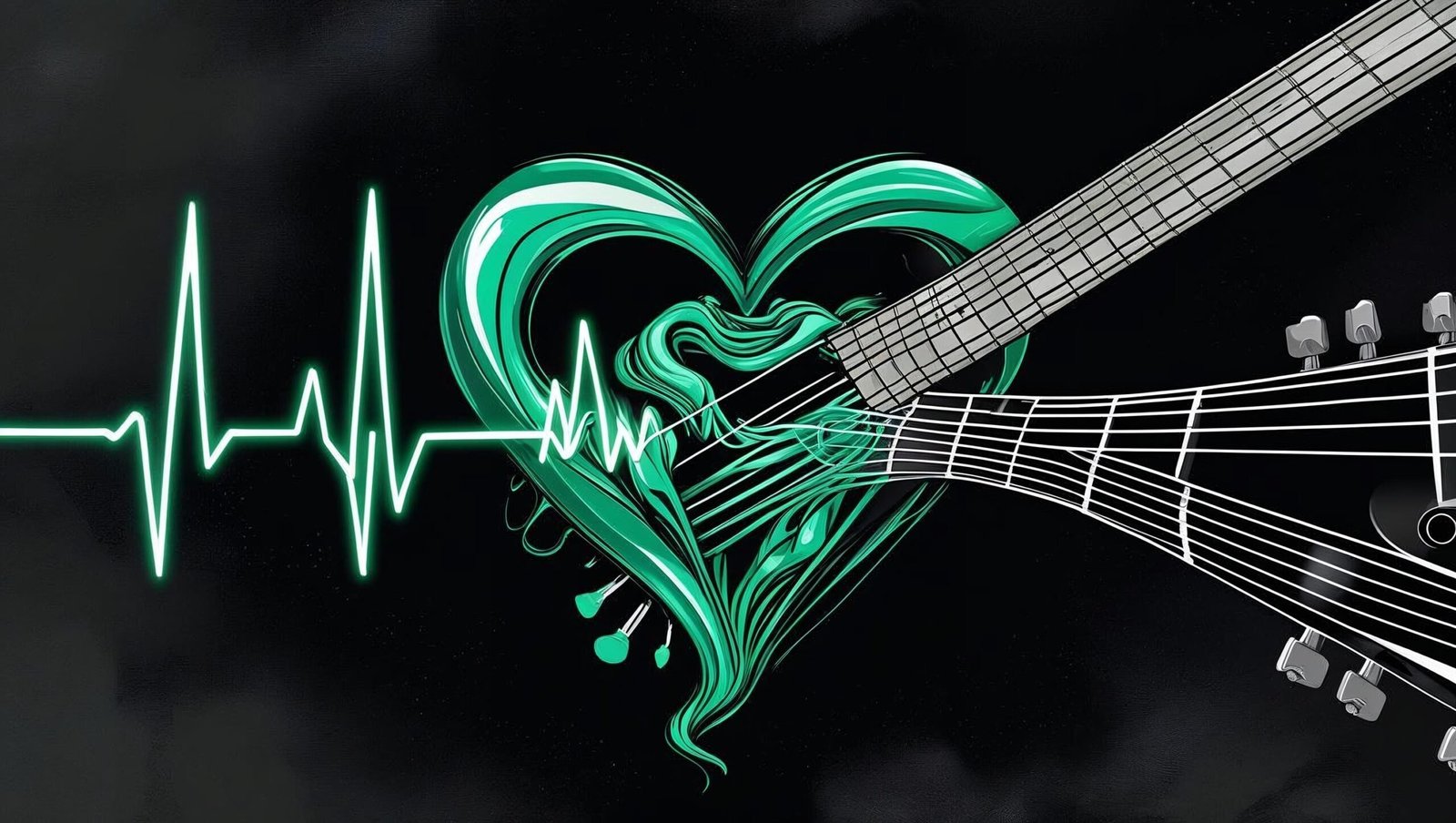 Fahrenheit 182 glowing heartbeat line blending into guitar strings symbolizing life and music