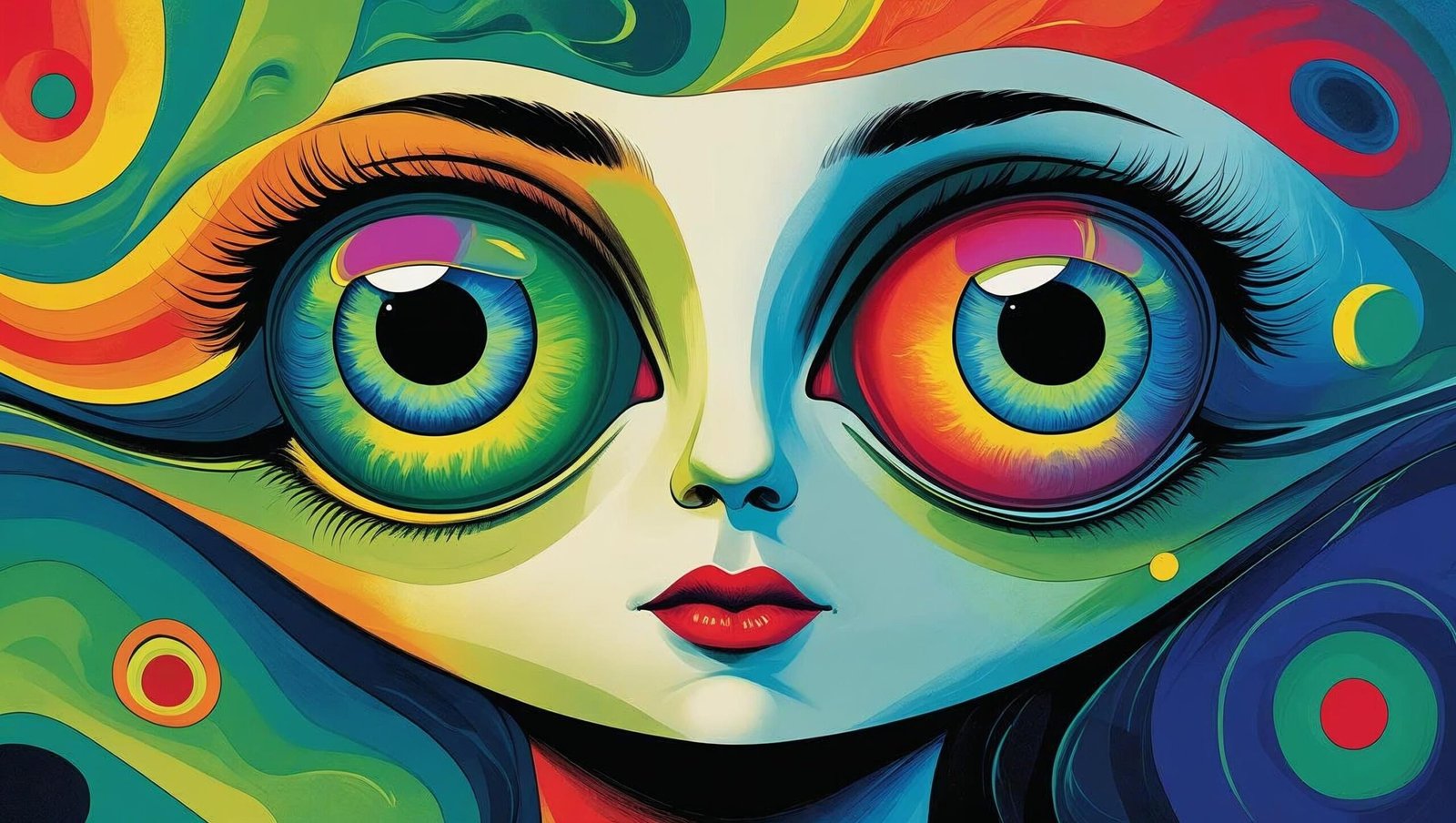 Prompt: whimsical surrealist artwork of oversized expressive eyes on a stylized character, vibrant colors, abstract background, dreamlike atmosphere, minimal human likeness, high detail, digital art