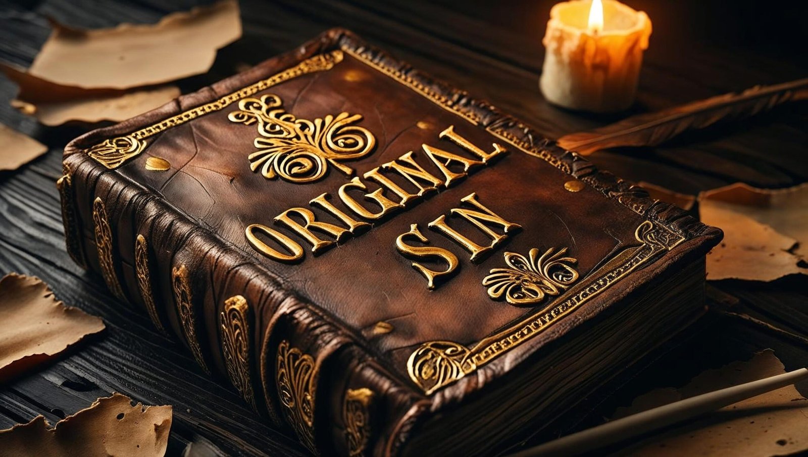 Original Sin book review image showing ancient leather-bound book and candlelight