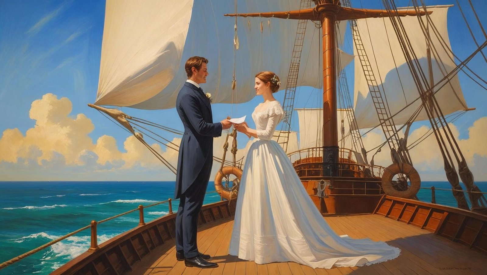 A Marriage at Sea bride and groom exchanging vows on a vintage sailing ship