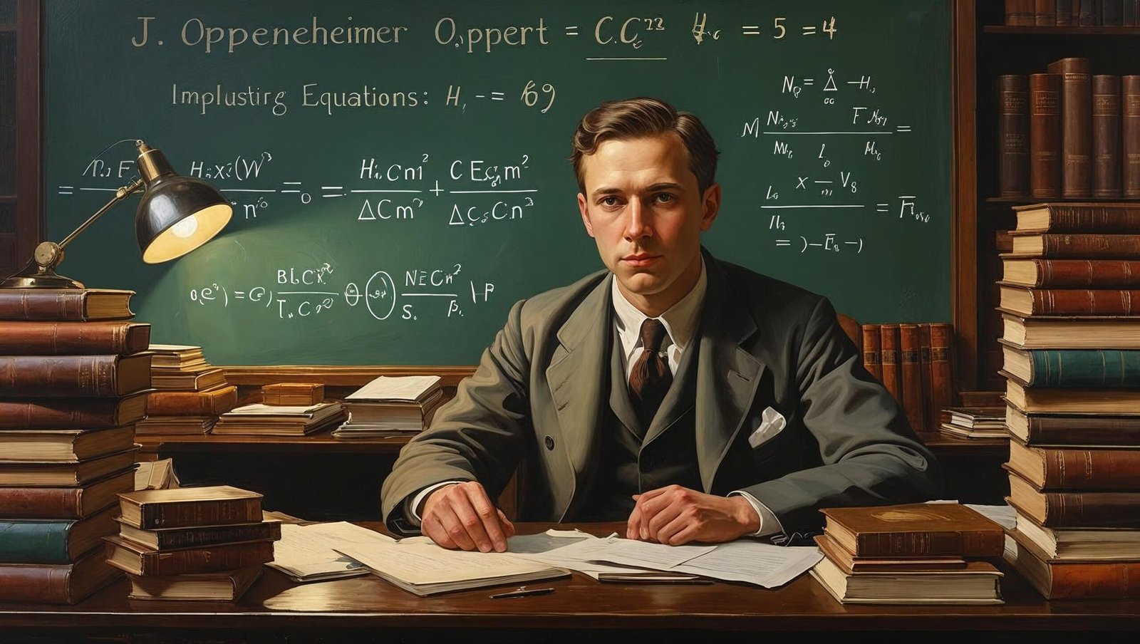 American Prometheus Summary young Oppenheimer studying with books and chalkboard