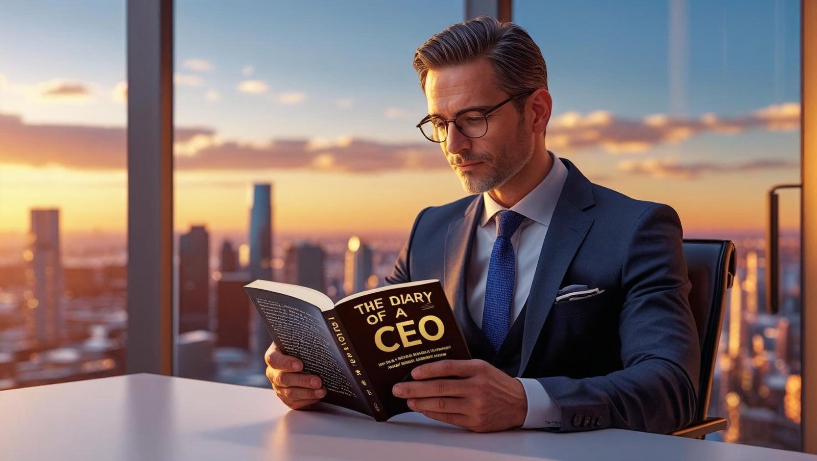 Businessman reading The Diary of a CEO Book in office