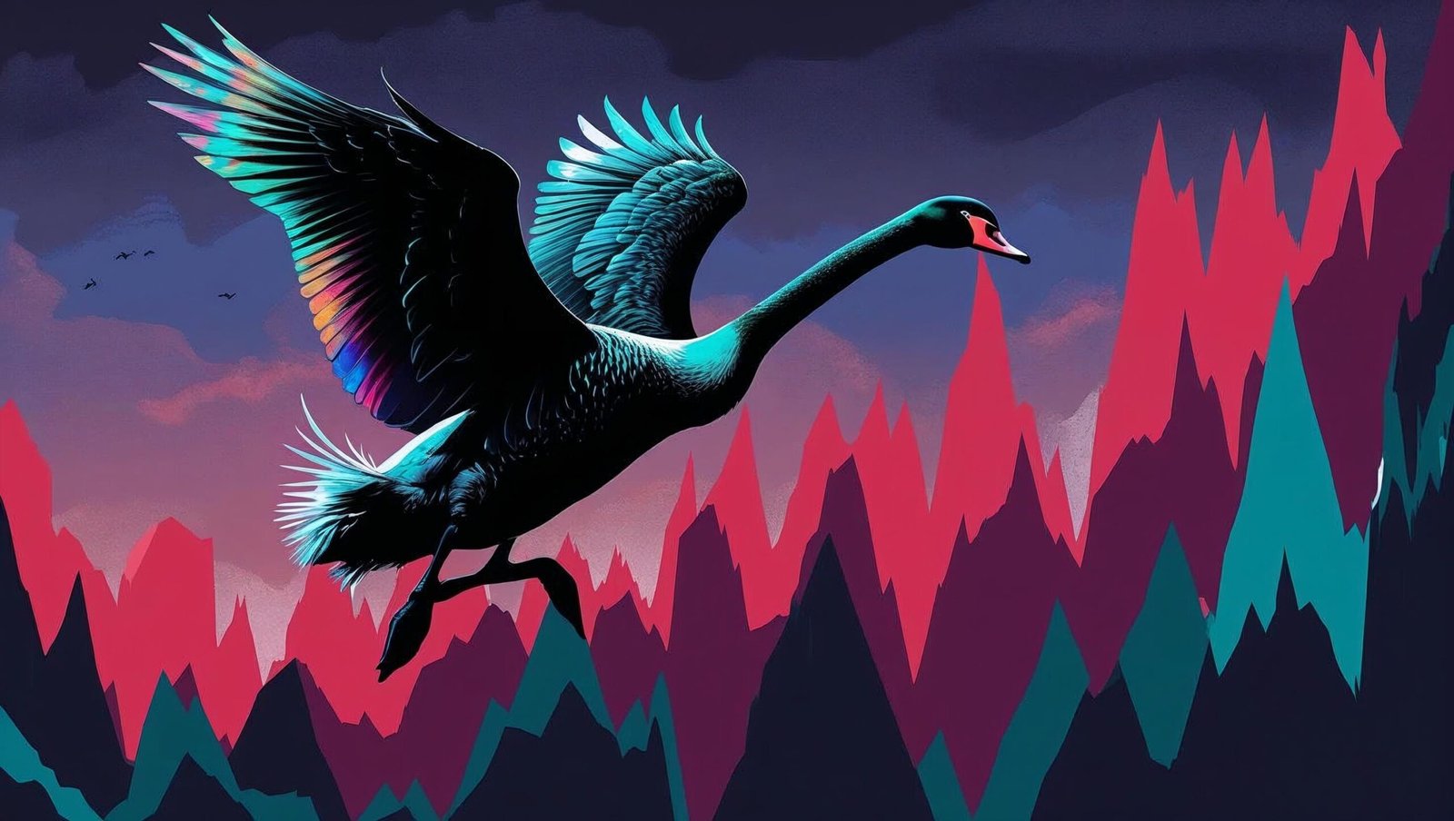 The Black Swan Summary concept of rare financial shocks with black swan and stock chart