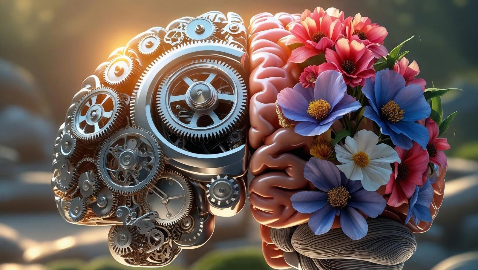 Think Again by Adam Grant Summary image of a brain combining gears and flowers to represent logic and creativity