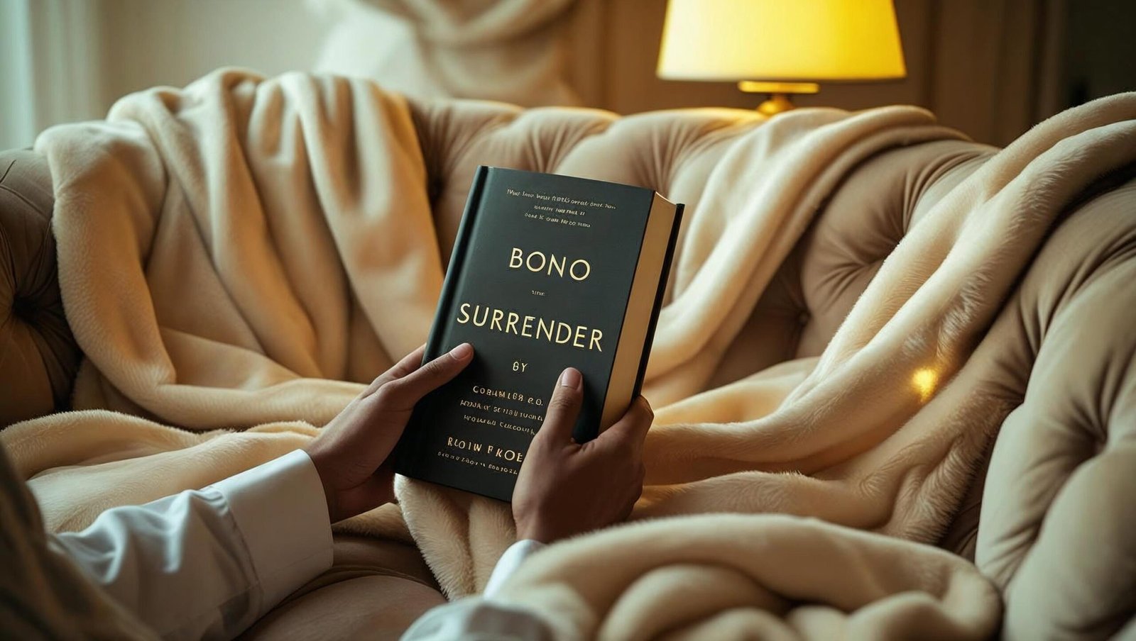 surrender book review reader holding book while sitting on cozy couch