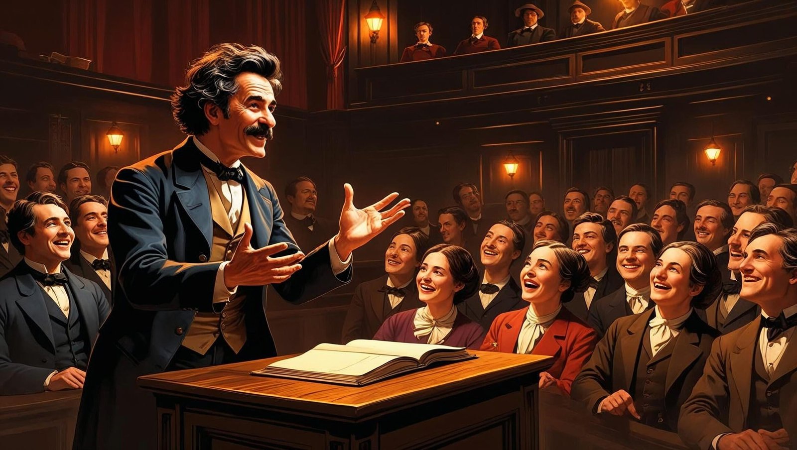 Mark Twain Ron Chernow book summary image of Twain delivering a lecture