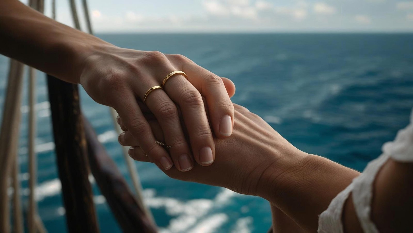 A Marriage at Sea close-up of bride and groom holding hands with ocean backdrop