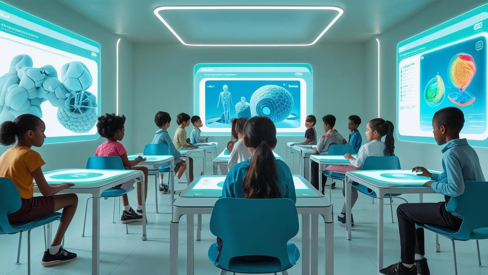 Brave New Words futuristic classroom with holographic screens