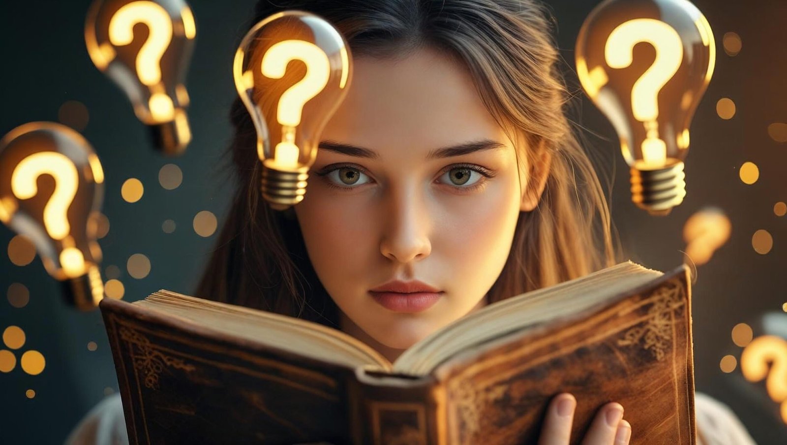 Think Again by Adam Grant Summary image of a woman reading with question marks and lightbulbs floating around her