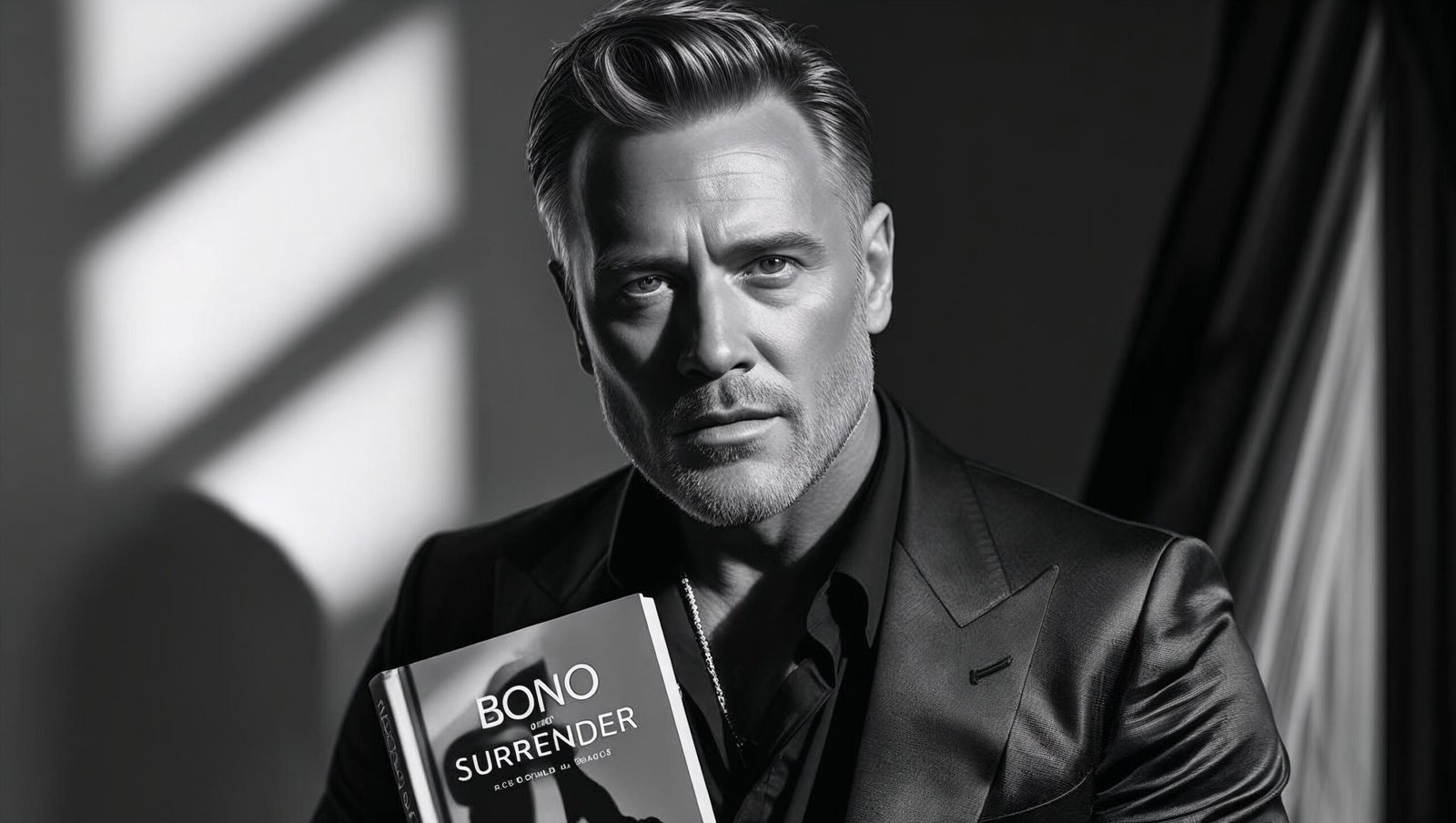 surrender book review artistic black and white portrait of bono with his book