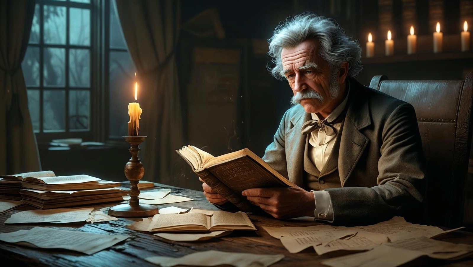 Mark Twain Ron Chernow book summary image of Twain reading by candlelight