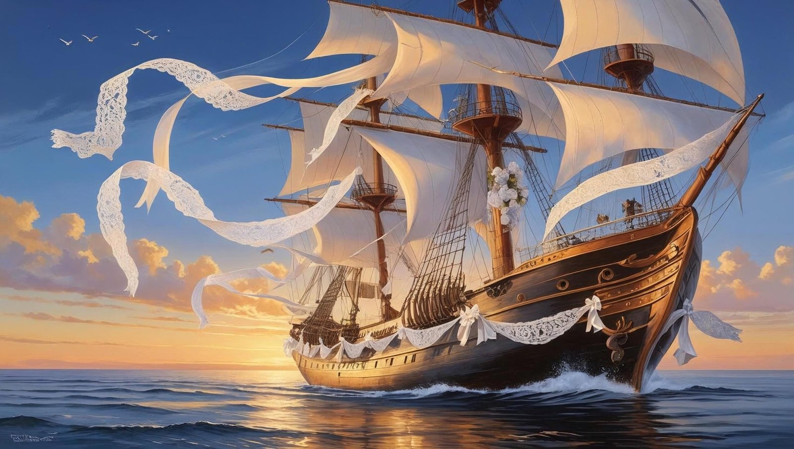A Marriage at Sea decorated vintage sailing ship for a wedding at sunset