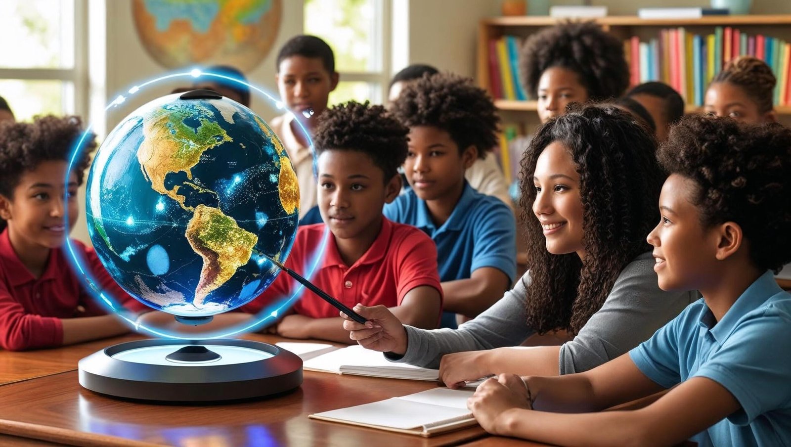 Brave New Words teacher guiding students with AI-powered globe