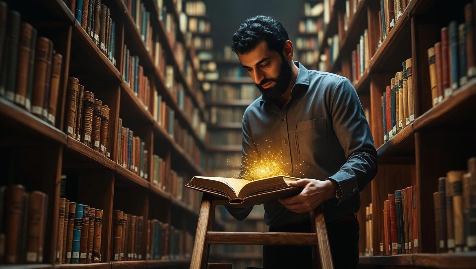 Think Again by Adam Grant Summary image of a man retrieving a glowing book in an infinite library