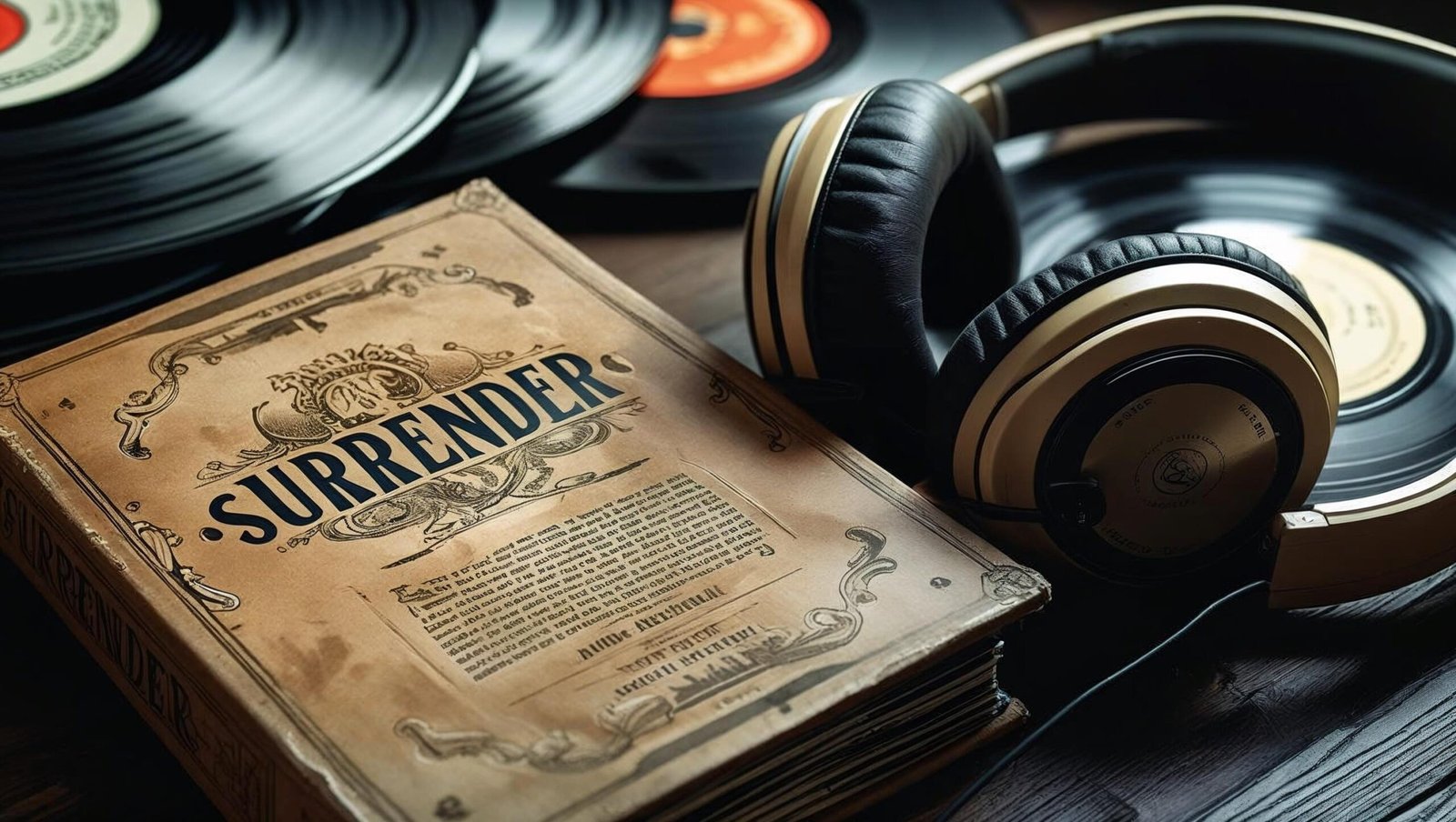 surrender book review close up of book with vinyl records and headphones
