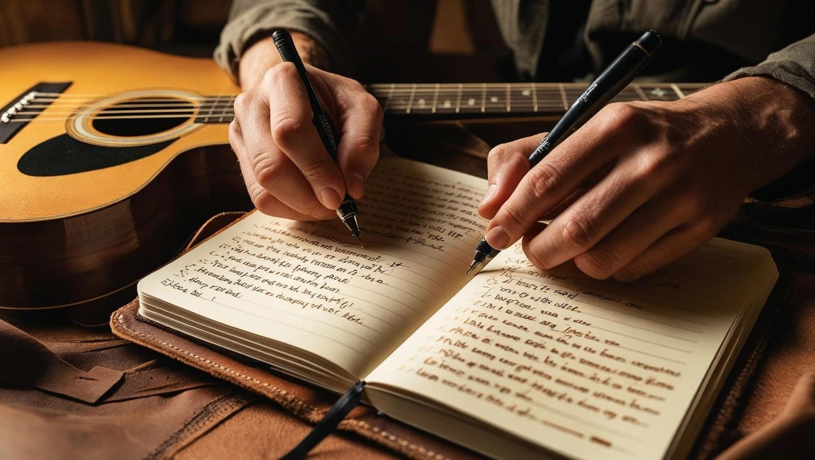 Fahrenheit 182 hands writing lyrics with guitar highlighting creative process