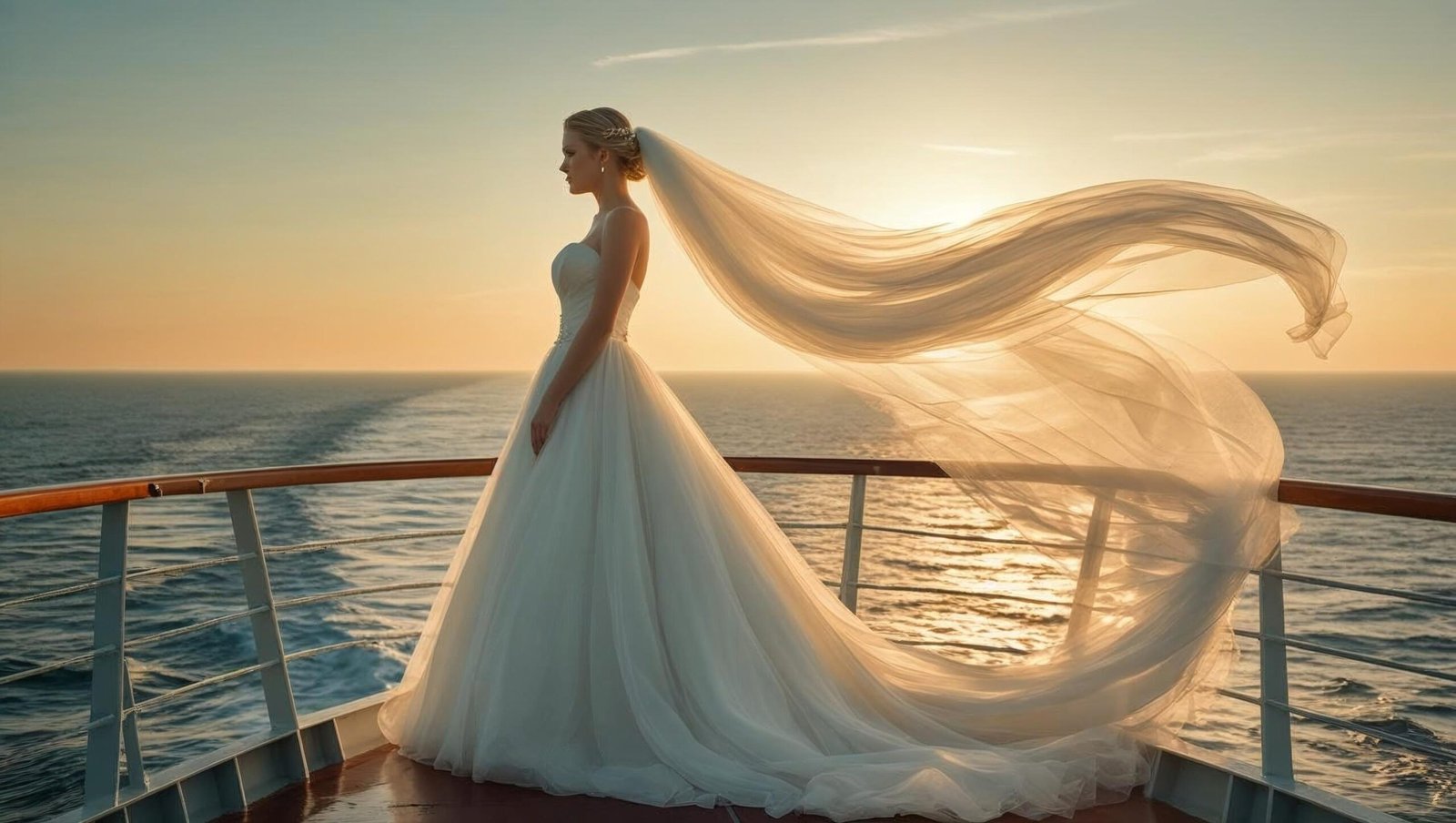 A Marriage at Sea bride standing at the bow of a sailing ship with veil flowing