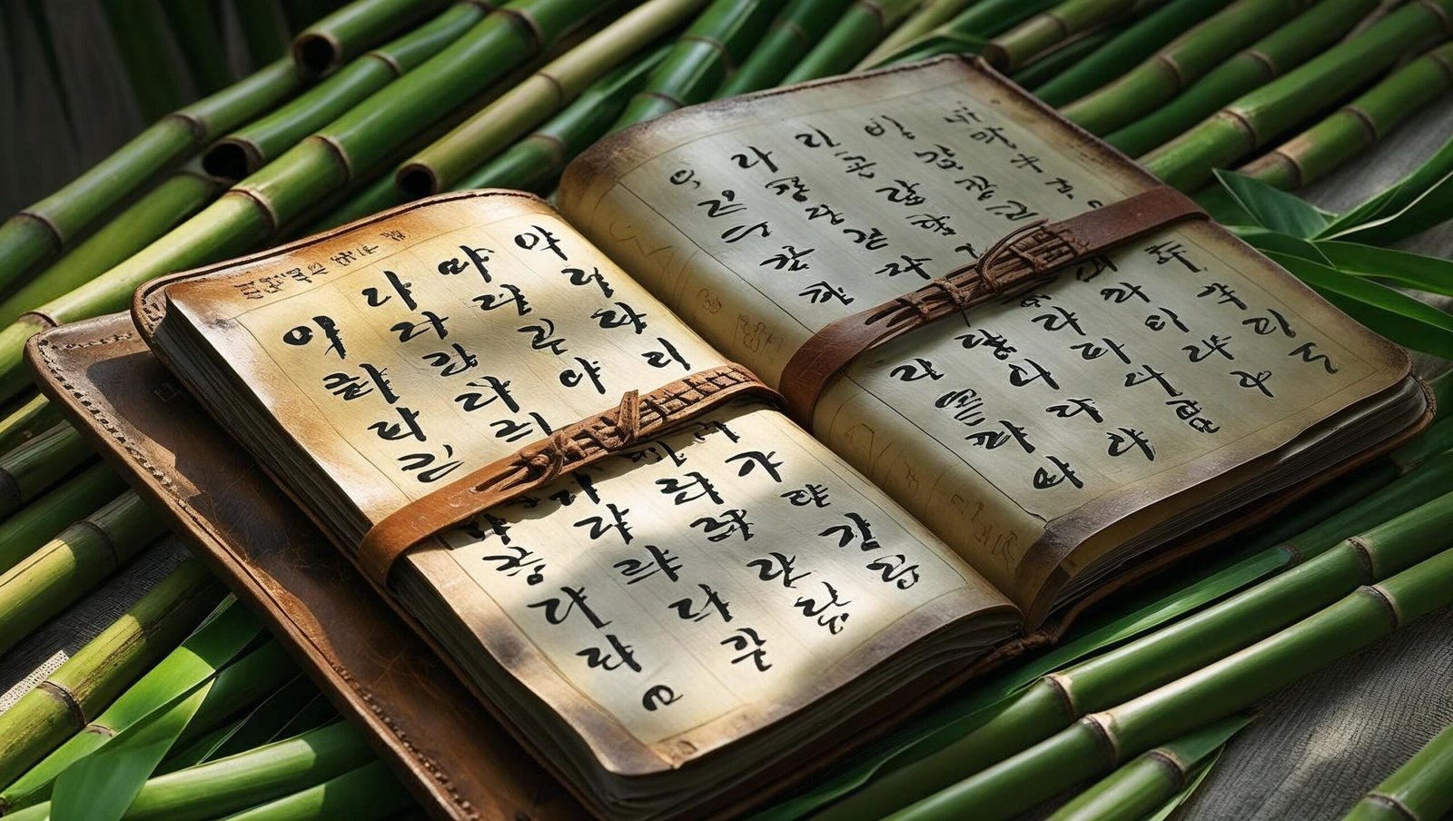 Daughters of the Bamboo Grove cultural memory with Korean letters on bamboo