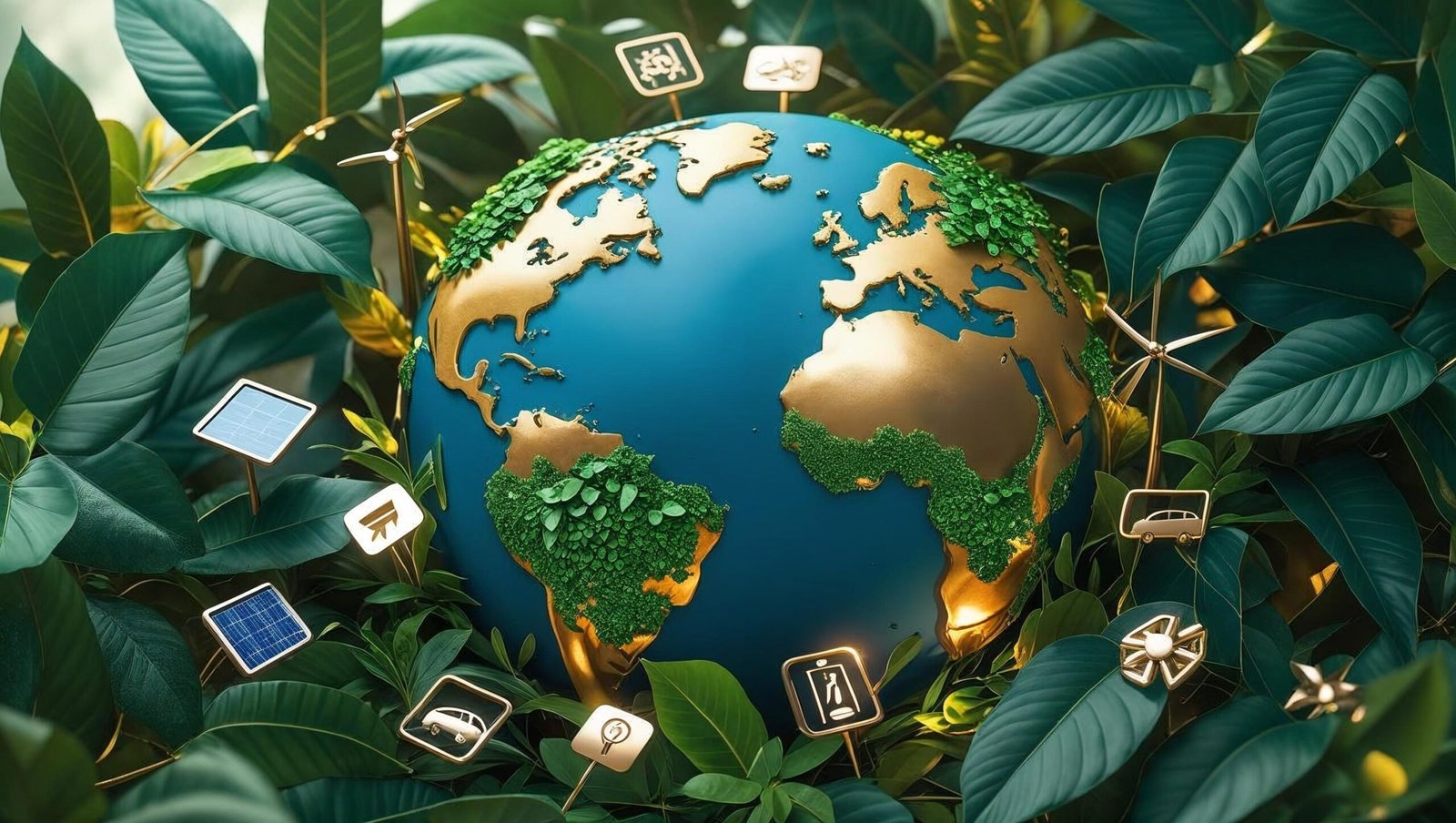Abundance book review image of globe with green leaves and sustainability icons