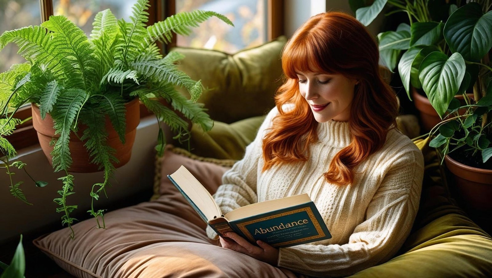 Abundance book review woman in reading nook with plants
