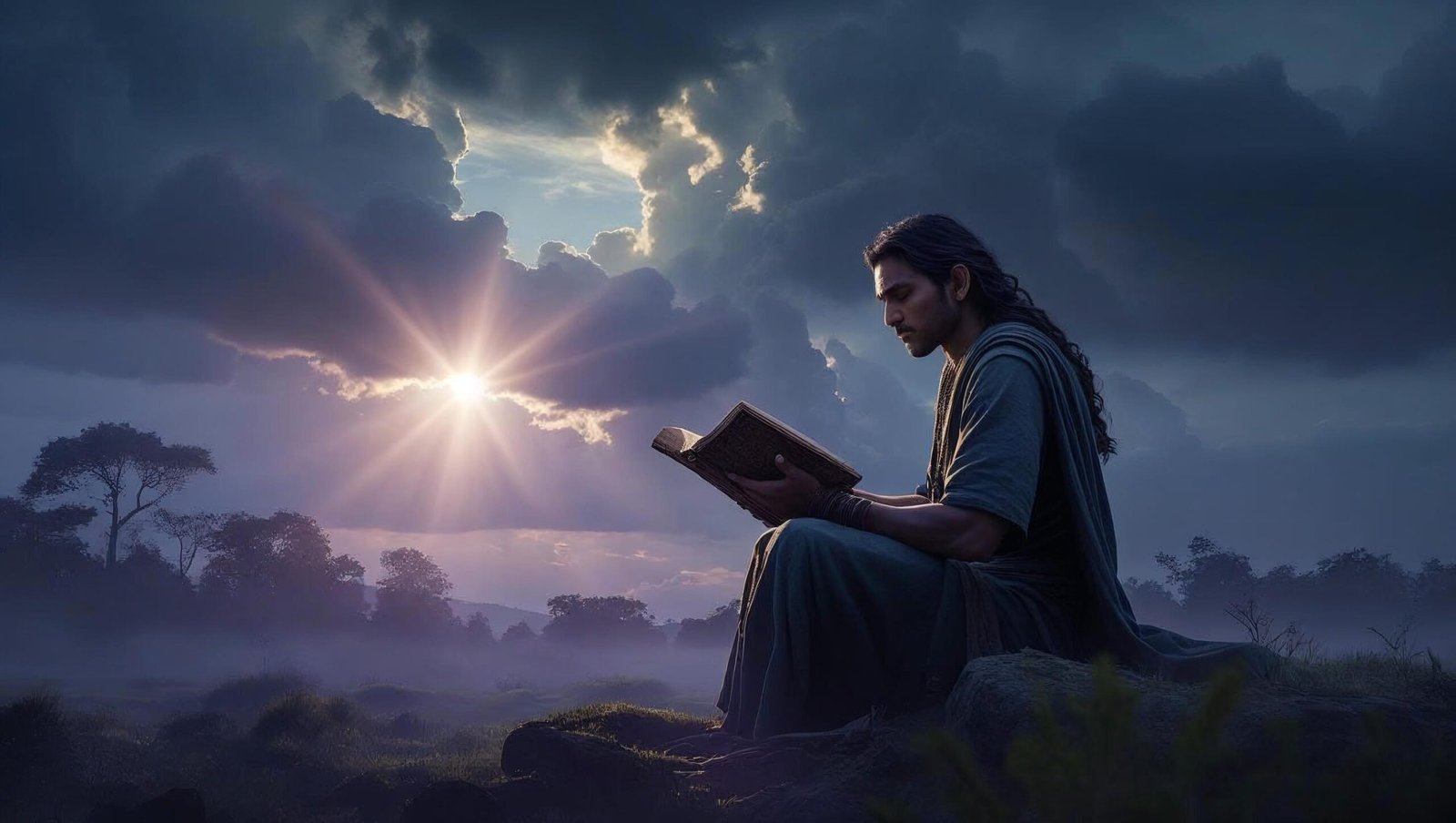 Original Sin book review atmospheric forest with figure reading ancient book