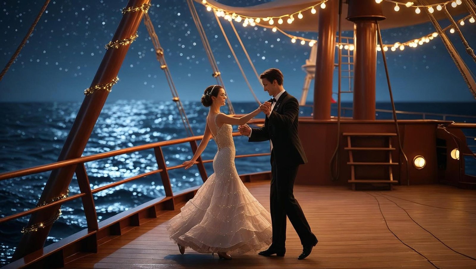 A Marriage at Sea couple dancing on ship’s deck under the stars