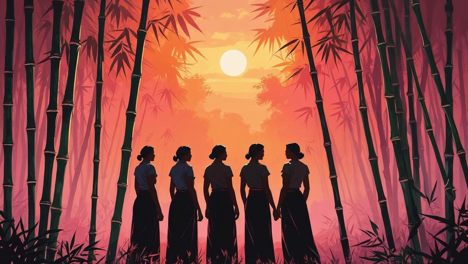 Daughters of the Bamboo Grove women standing resilient in bamboo sunrise