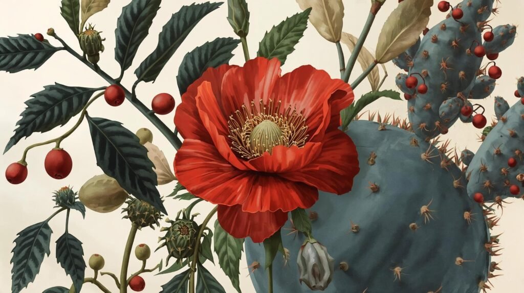 Featured image for This Is Your Mind on Plants showing coffee, poppy, and peyote