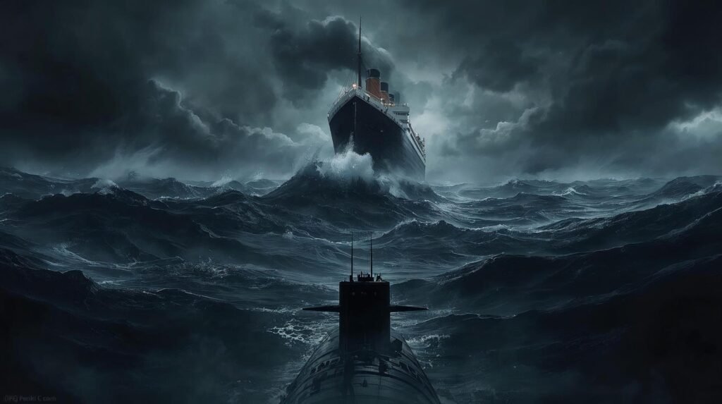 Dead Wake featured image showing Lusitania and U-boat in dramatic ocean scene