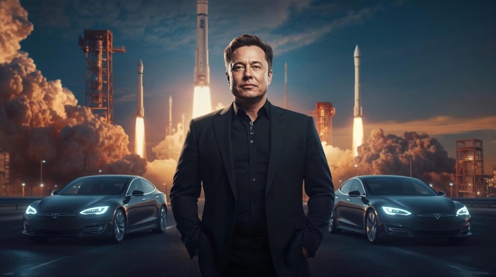 elon musk book summary featuring Elon Musk with rockets and innovation theme
