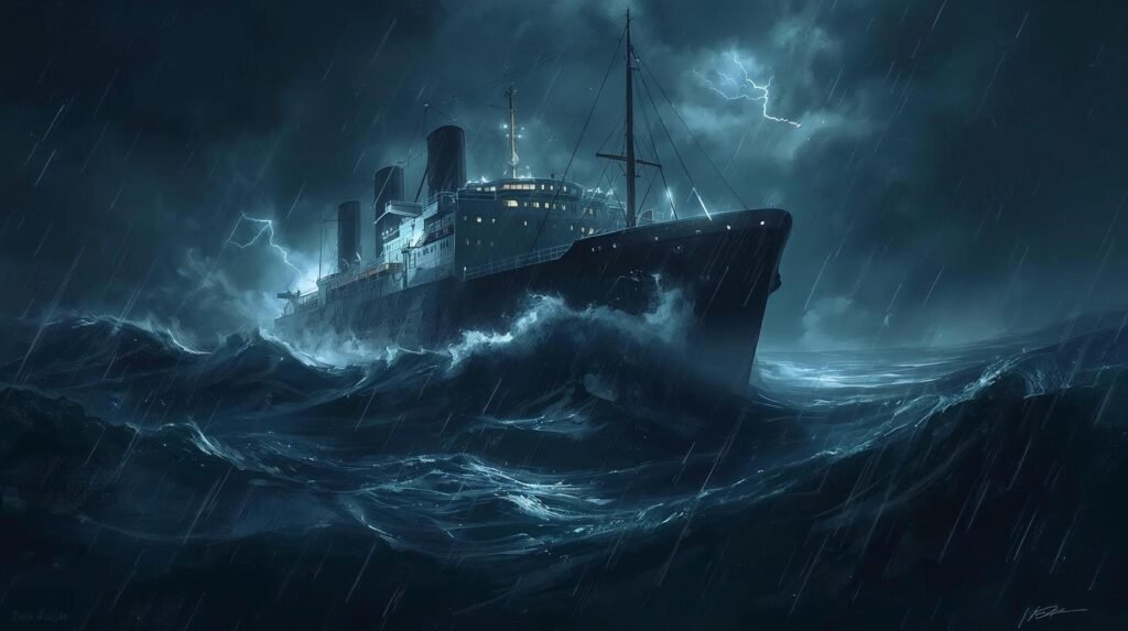 the gales of november storm on Lake Superior with the SS Edmund Fitzgerald in peril